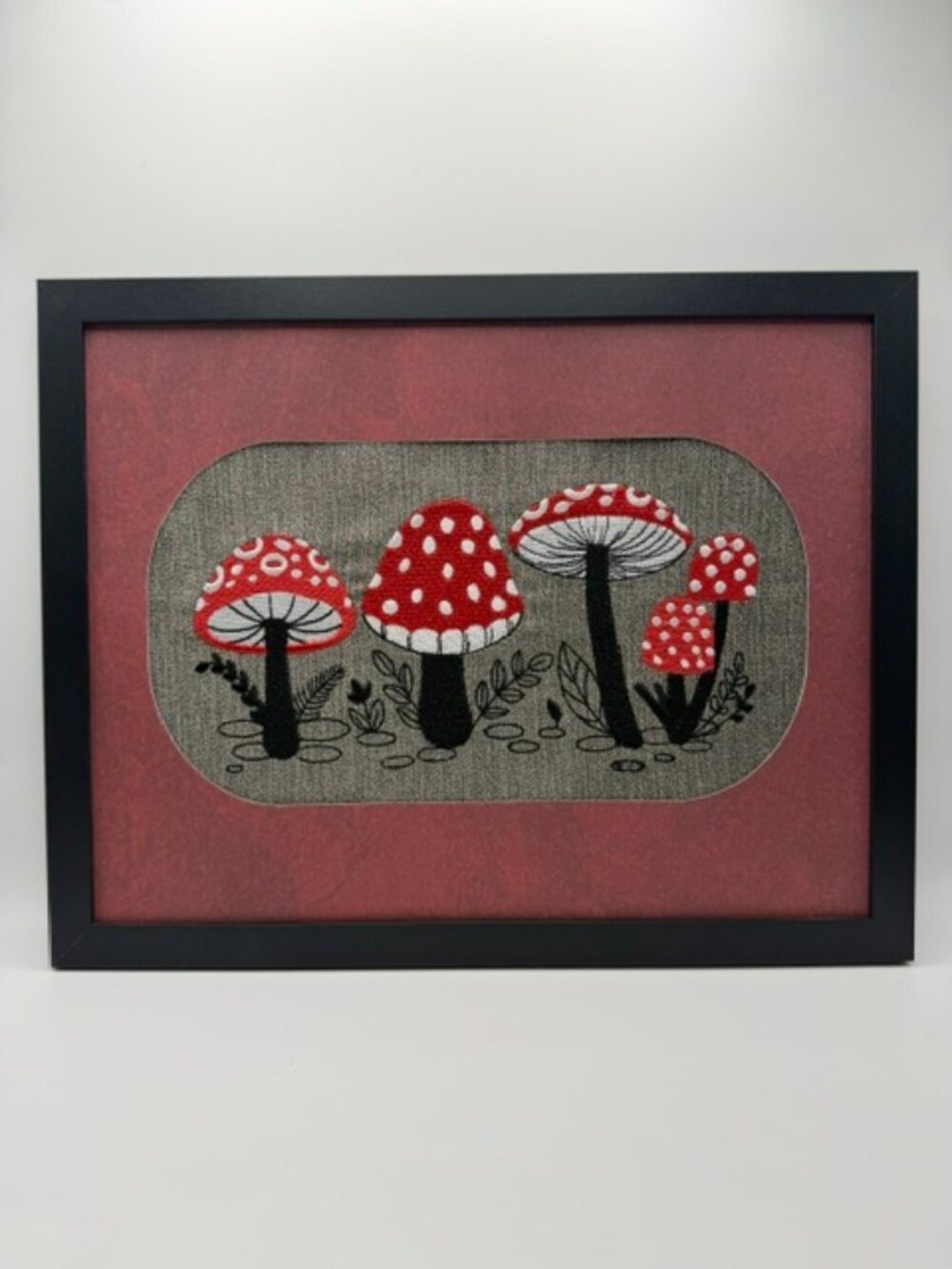 Homemade Red & Black Framed Mushroom Embroider Art